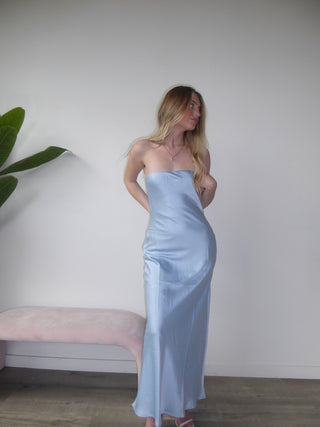 Light Blue Satin Strapless Dress With Open Tie Back