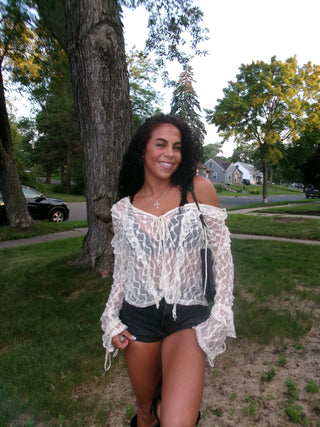 Cream Mesh Front Tie Long Sleeve