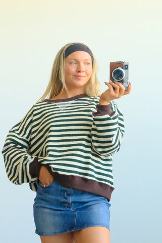 Brown Trim Green Striped Crewneck