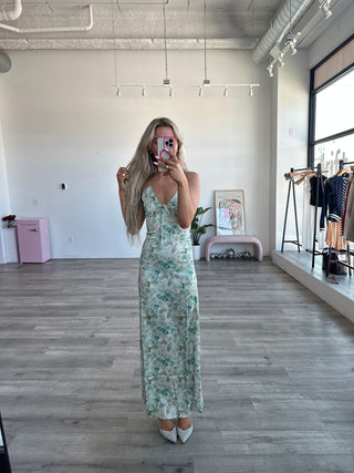 Sage Watercolor Floral Satin Maxi Dress