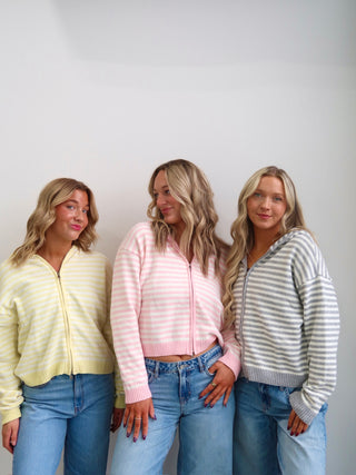 Sunday Zip Stripe Sweater - Pink & White