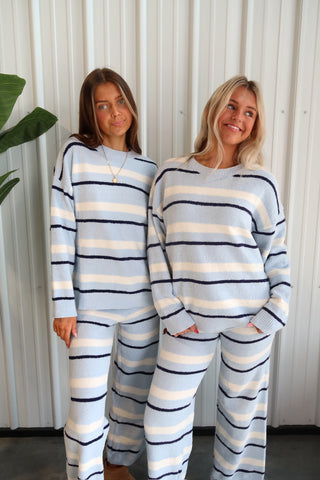 Ultra Soft Knit Blue Striped Wide Leg Pants