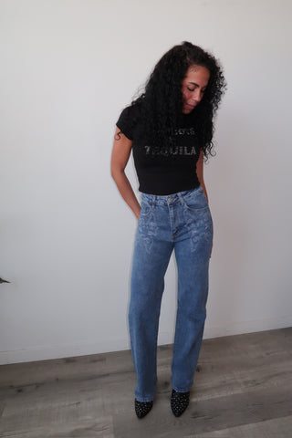Western Embroidered Stretchy Jeans - Medium Denim