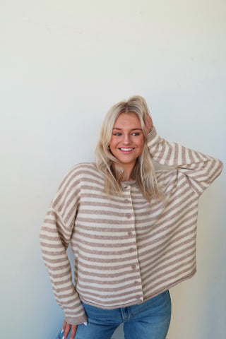 Tan Stripe Lightweight Cardigan Sweater