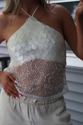 Portofino Hand Sewn Pearl Sequin Embellished Mesh Halter Top