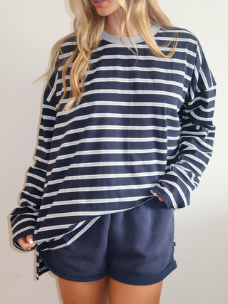 Navy Oversized Striped Long Sleeve Top