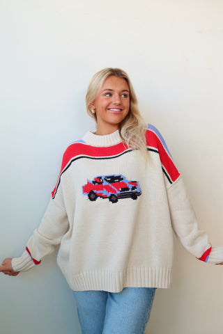 Cream Retro Car Knit Sweater