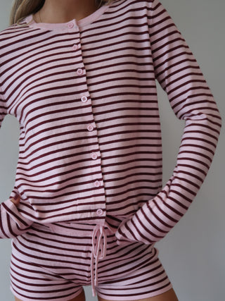 Pink & Maroon Striped Button Up Sweater