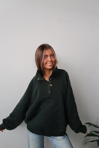Dark Green Quilted Snap Pullover