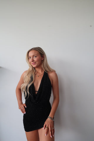 Black Low Back Beaded Mini Dress