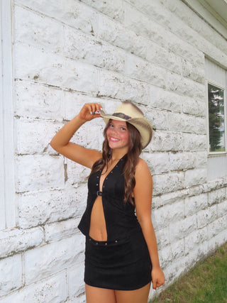 Black Suede Front Buckle Grommet Halter Top