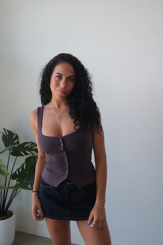 Plum Sleeveless Button Down Top