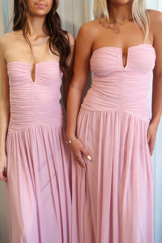 Beverly Ruched Strapless Chiffon Maxi Dress