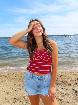 Red Stripe Ribbed Strapless Top