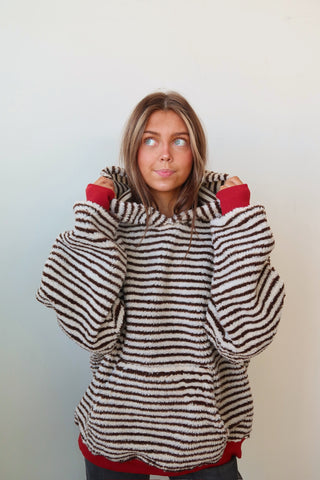 Cozy Chocolate Brown Striped Hoodie With Burgundy Cuff