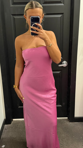 Peony Pink Satin Strapless Maxi Dress With Open Back