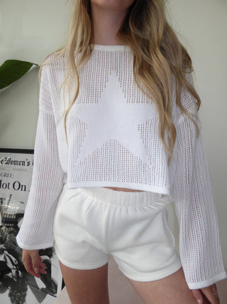 Cropped White Star Mesh Long Sleeve
