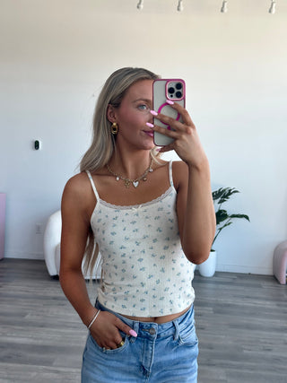 Cream Floral Lace Tank Top With Bow Detail