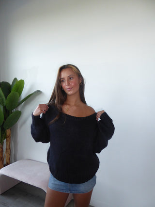 Navy Off The Shoulder Knit Sweater