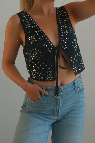 Black Embellished Front-Tie Vest