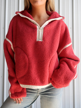 Red Quarter Zip Sherpa With Cream Trim