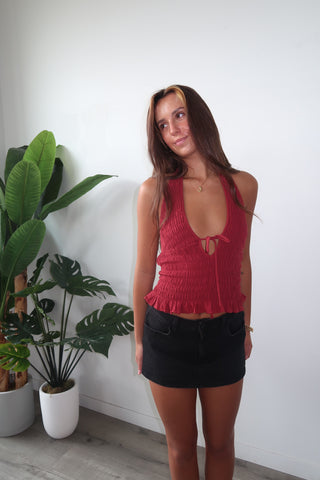 Red V-Neck Tie Halter Top