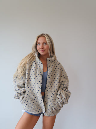 Polka Dot Sherpa Jacket - Taupe/Blue