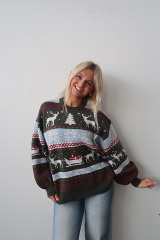 Green Reindeer Pattern Christmas Sweater