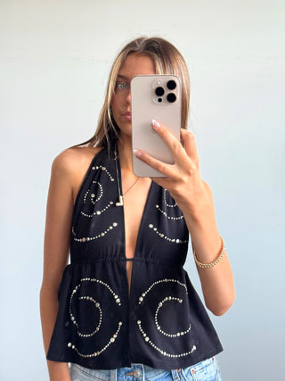 Black With Silver Stud Detail Open Halter