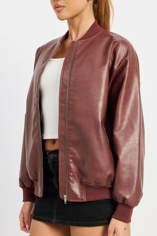 Vintage Faux Leather Bomber Jacket