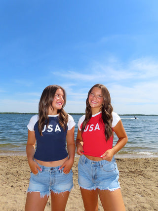 Cap Sleeve ‘USA’ Baby Tee - Navy/White