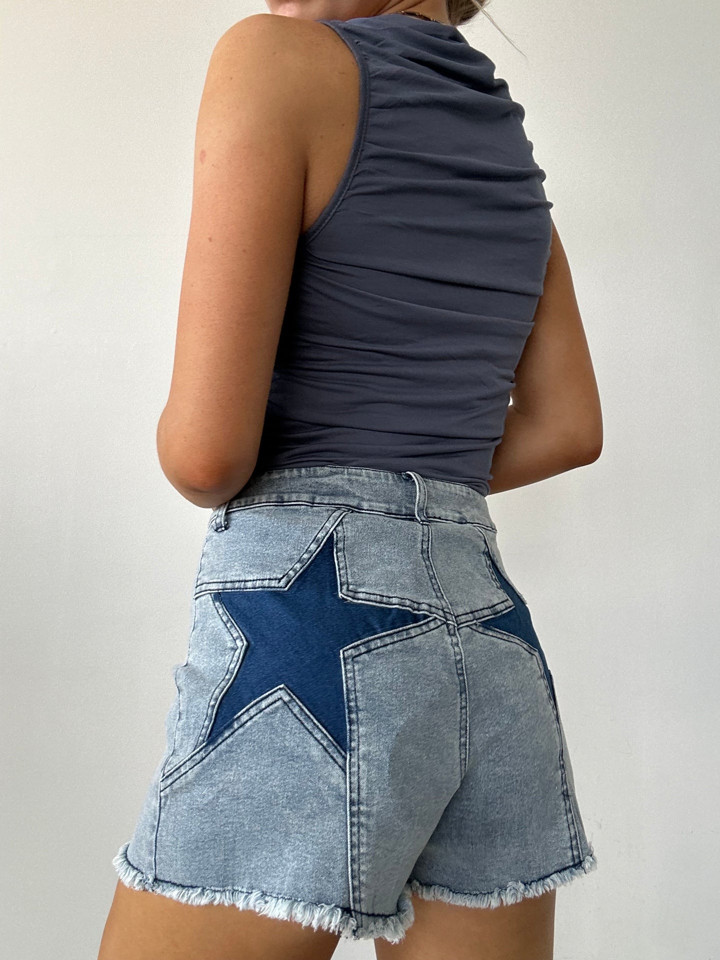 Light Wash Back Star Detail Shorts