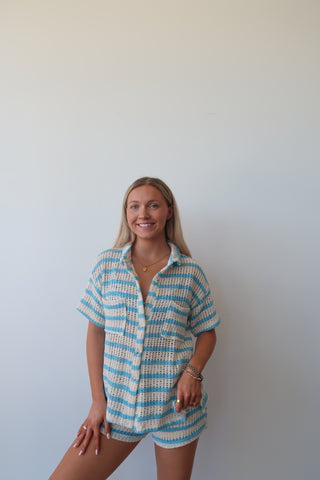 Tan & Blue Crochet Striped Shorts