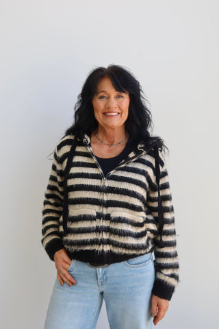 Black/Ivory Striped Fuzzy Zip Up