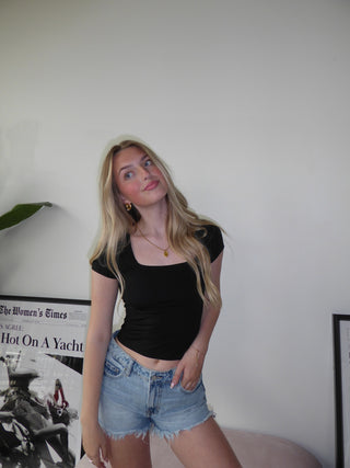 Black Square Neckline Short Sleeve Top