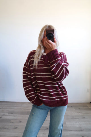 Burgundy Collared Striped Sweater