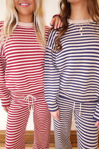 Burgundy & Pink Stripe Crew Neck Sweater