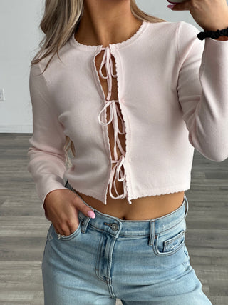 Baby Pink Tie Front Lightweight Sweater