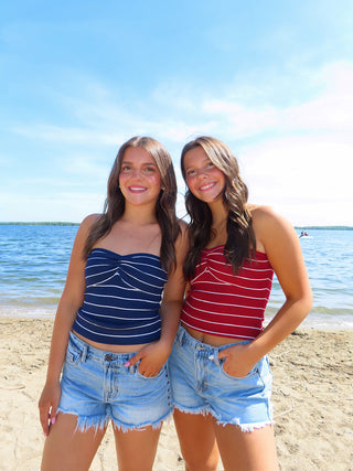 Red Stripe Ribbed Strapless Top