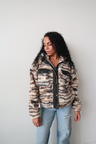 Contrast Denim Printed Sherpa Zip Up