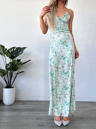 Sage Watercolor Floral Satin Maxi Dress