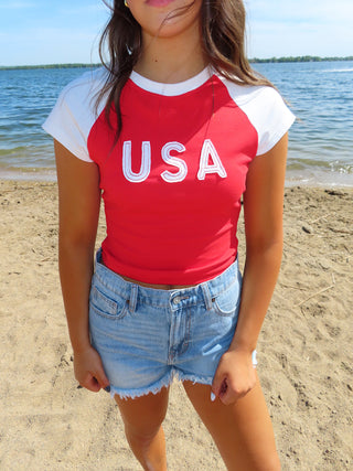 Cap Sleeve ‘USA’ Baby Tee - Red/White