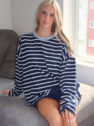 Navy Oversized Striped Long Sleeve Top