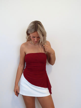 Red Strapless Asymmetrical Mesh Top