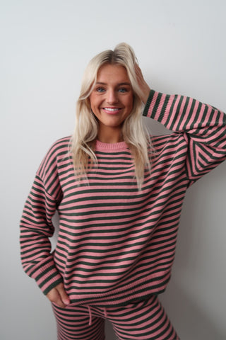 Pink & Green Stripe Crew Neck Sweater