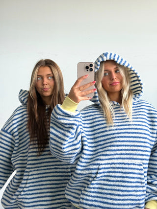 Cozy Royal Blue Striped Hoodie With Yellow Cuff