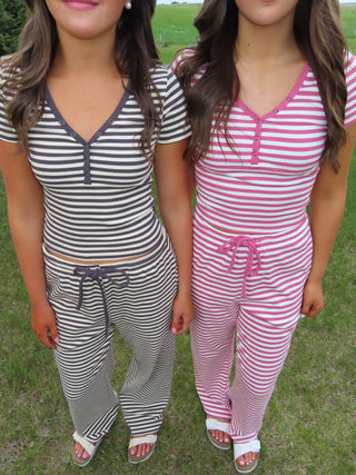 Rose and White Striped Knit Drawstring Pants