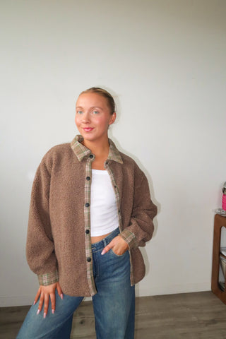 Brown Sherpa Jacket With Plaid Detail