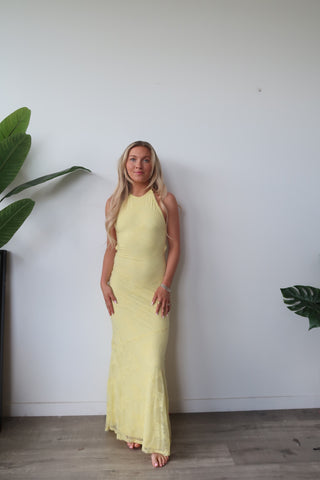 Yellow Lace Halter Neck Open Back Maxi Dress