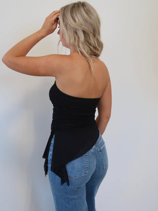 Black Strapless Asymmetrical Mesh Top